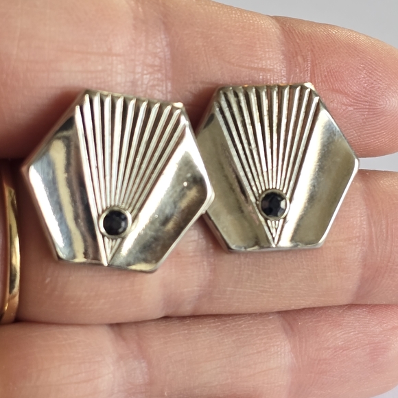 Vintage cuff links Art Deco style silver tone cufflinks blue gem - Picture 2 of 12